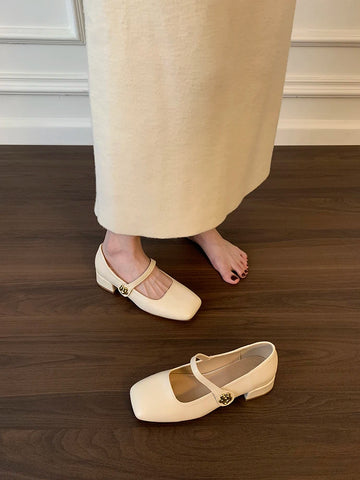 Xajzpa Shoes Branded Pumps Chunky Sandals Shallow Mouth Clogs for Women Slim Heels Mary Jane Square Toe Fashion Spring Retro Block Afri